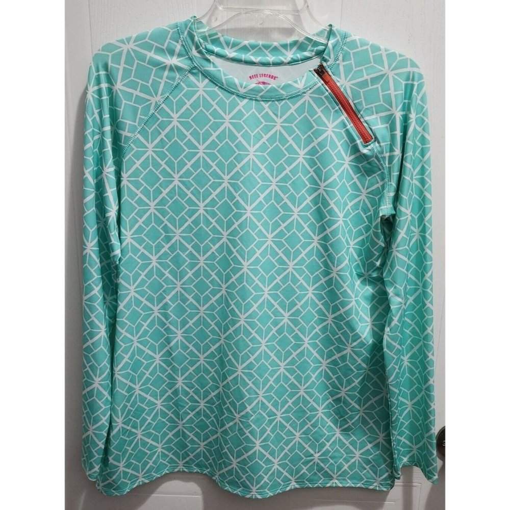 REEL LEGENDS Womens Long Sleeve Rashguard Swim Shirt Top Blue Zipper Accent Sz M